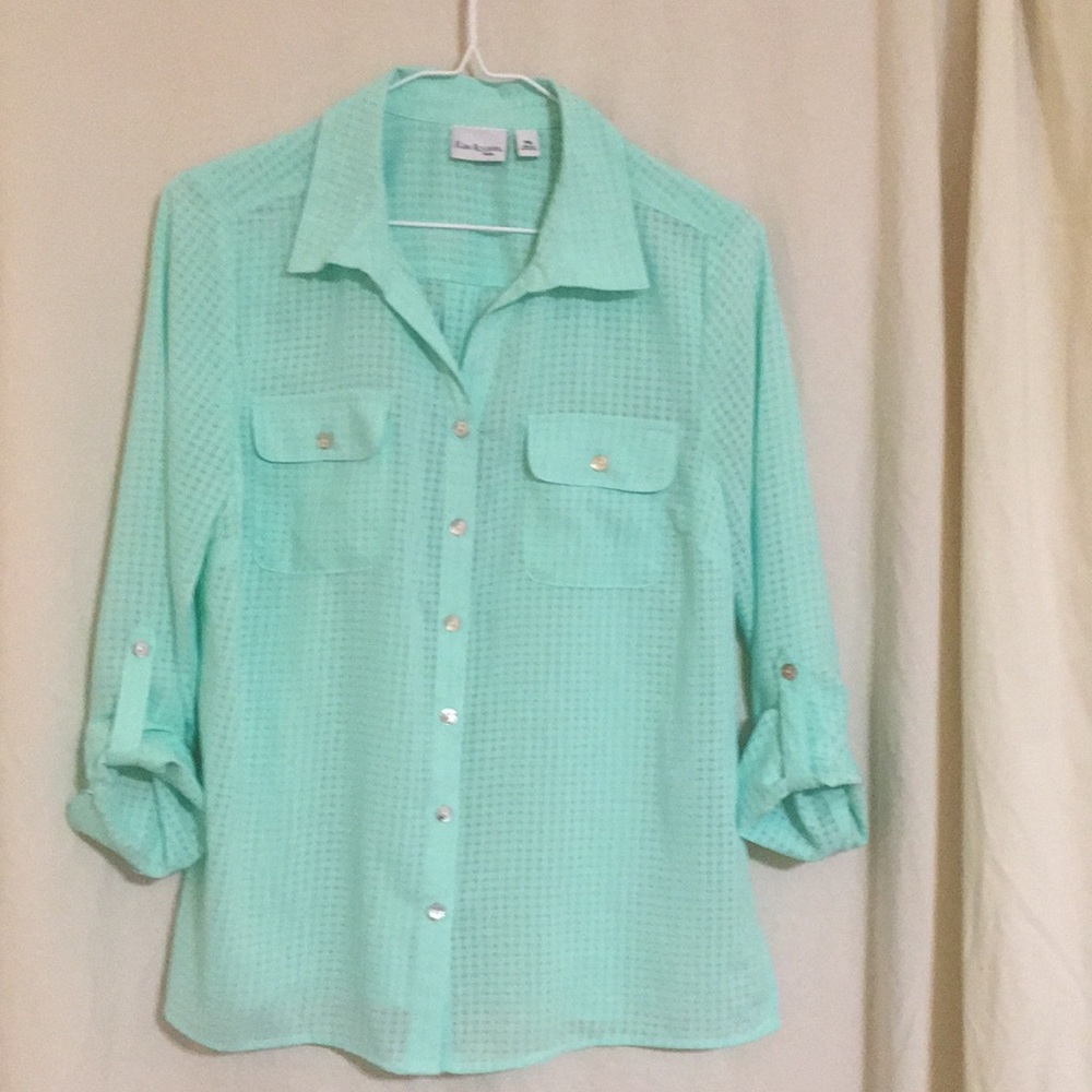 mint green button down shirt